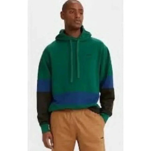 Levi's Pieced Open Hem Cotton Hoodie Tri Color Caviar Block Relaxed Fit Med - Picture 1 of 11